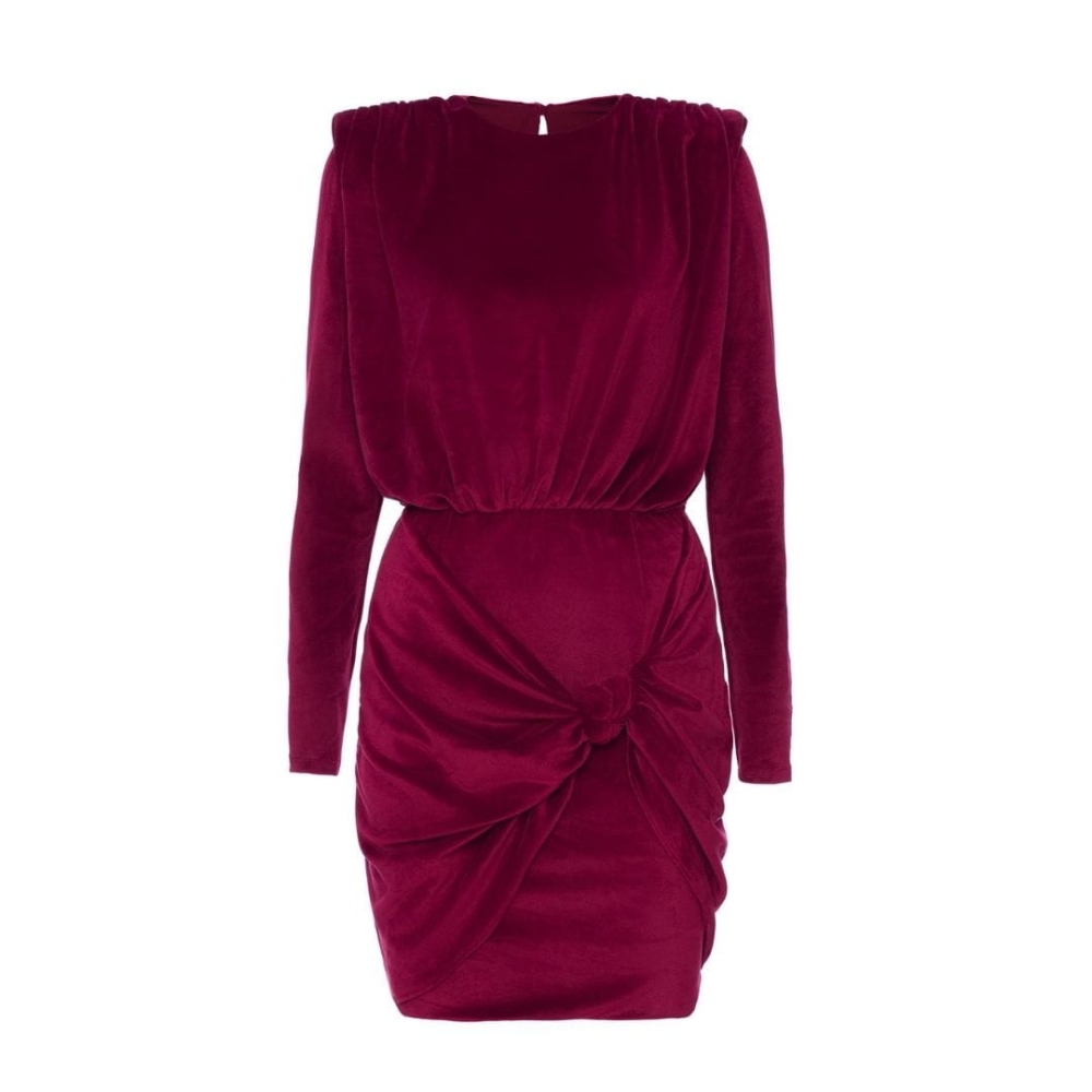 Welurowa bordowa sukienka mini z ozdobnym drapowaniem Velvet by Swing