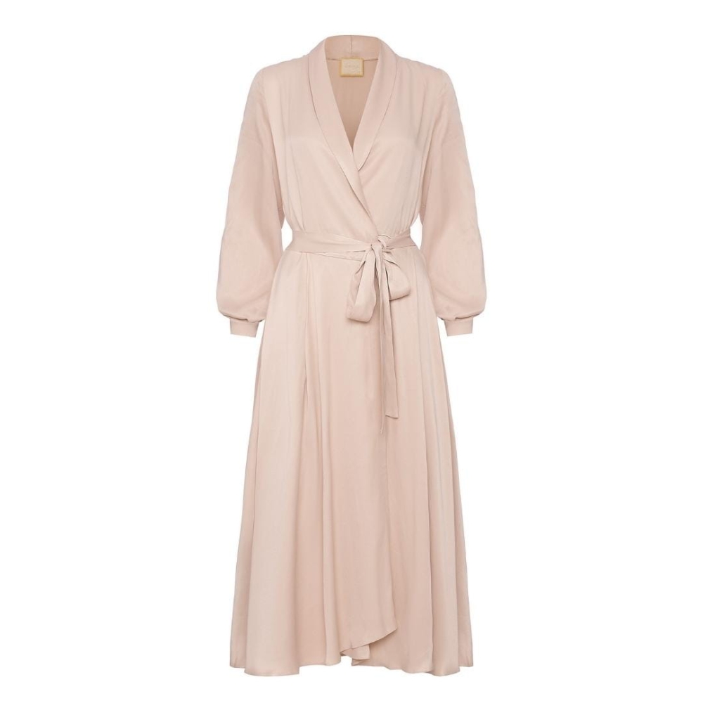 Jedwabista sukienka midi z kopertowym dekoltem VIOLA beżowa