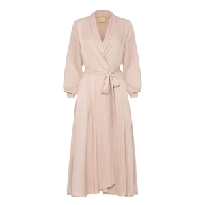 Beige silk midi dress with envelope neckline VIOLA