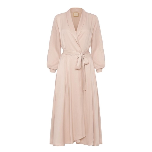 Beige silk midi dress with envelope neckline VIOLA