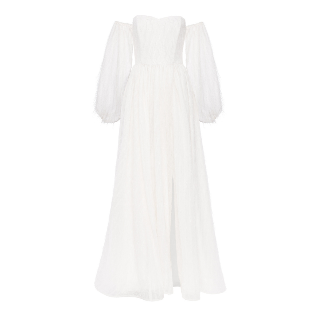 Biała gorsetowa suknia ślubna z piórami