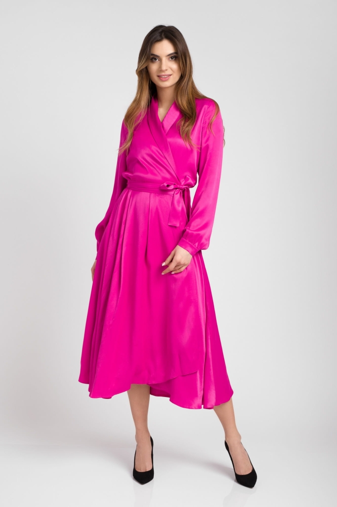 Jedwabista sukienka midi z kopertowym dekoltem VIOLA amarantowy róż