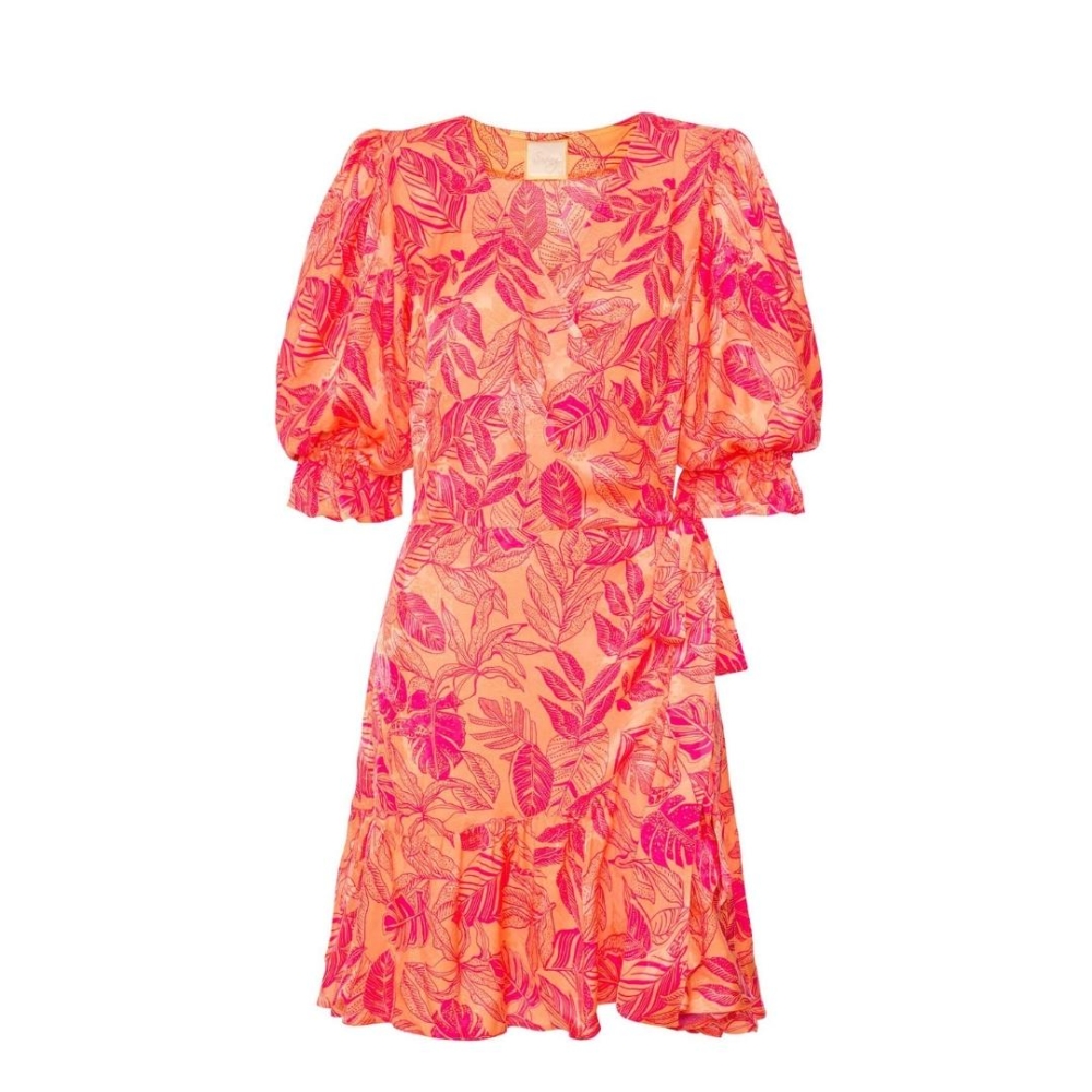 Kopertowa sukienka pomarańczowa w liście z bufiastymi rękawkami i falbankami Sophia by Swing