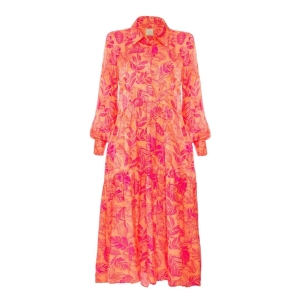 Orange floral flared dress with collar Capri