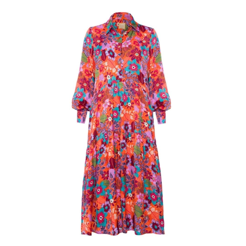 Pomarańczowa w kolorowe kwiaty rozkloszowana sukienka z kołnierzykiem Capri