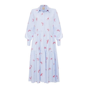 Blue with red butterflies flared dress with Capri collar