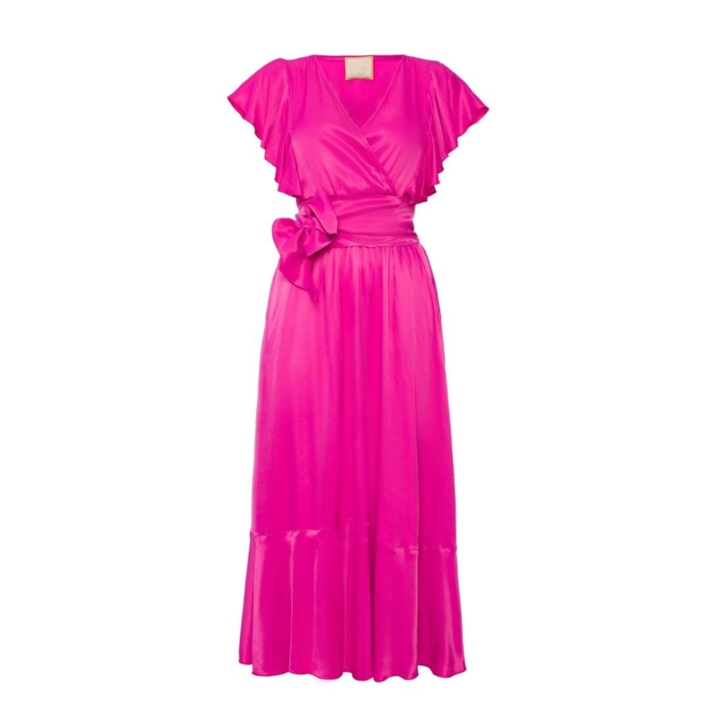 Różowa amarantowa zwiewna lekko rozkloszowana sukienka midi Melisa by Swing