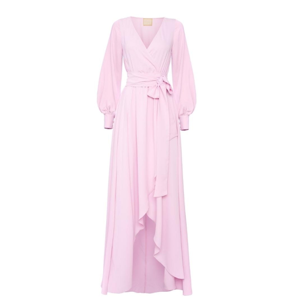 Pudrowo różowa długa sukienka z krótszym przodem Irmina by Swing