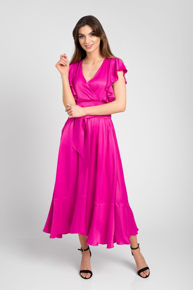 Różowa amarantowa zwiewna lekko rozkloszowana sukienka midi Melisa by Swing