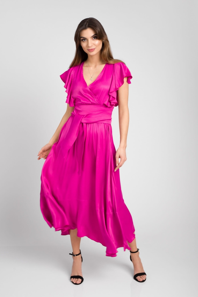 Różowa amarantowa zwiewna lekko rozkloszowana sukienka midi Melisa by Swing