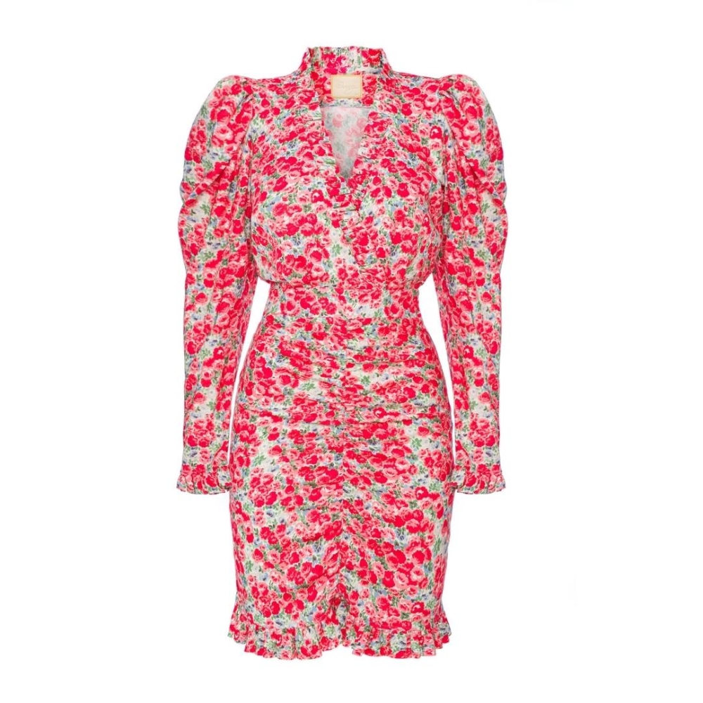 Urocza sukienka w różyczki z falbankami i drapowanym dołem Clarissa by Swing