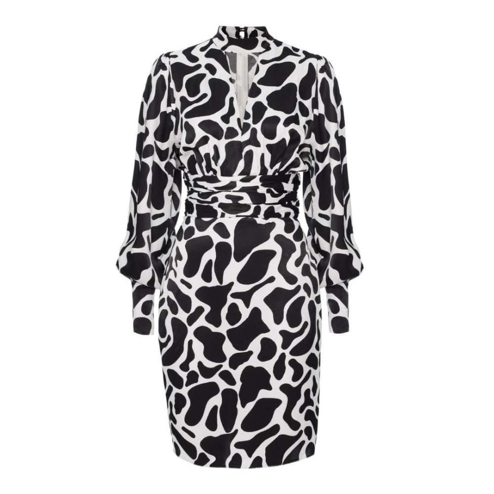 Urocza mini sukienka w zwierzęcy czarno biały print ala żyrafa z długim rękawem i pęknięciem przy dekolcie Nairobi