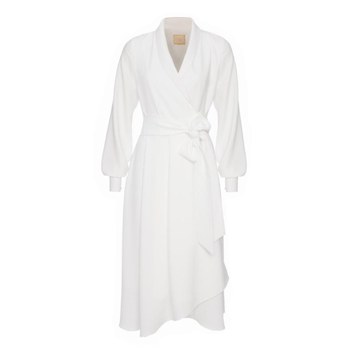 White slightly flared midi dress with envelope neckline VIOLA