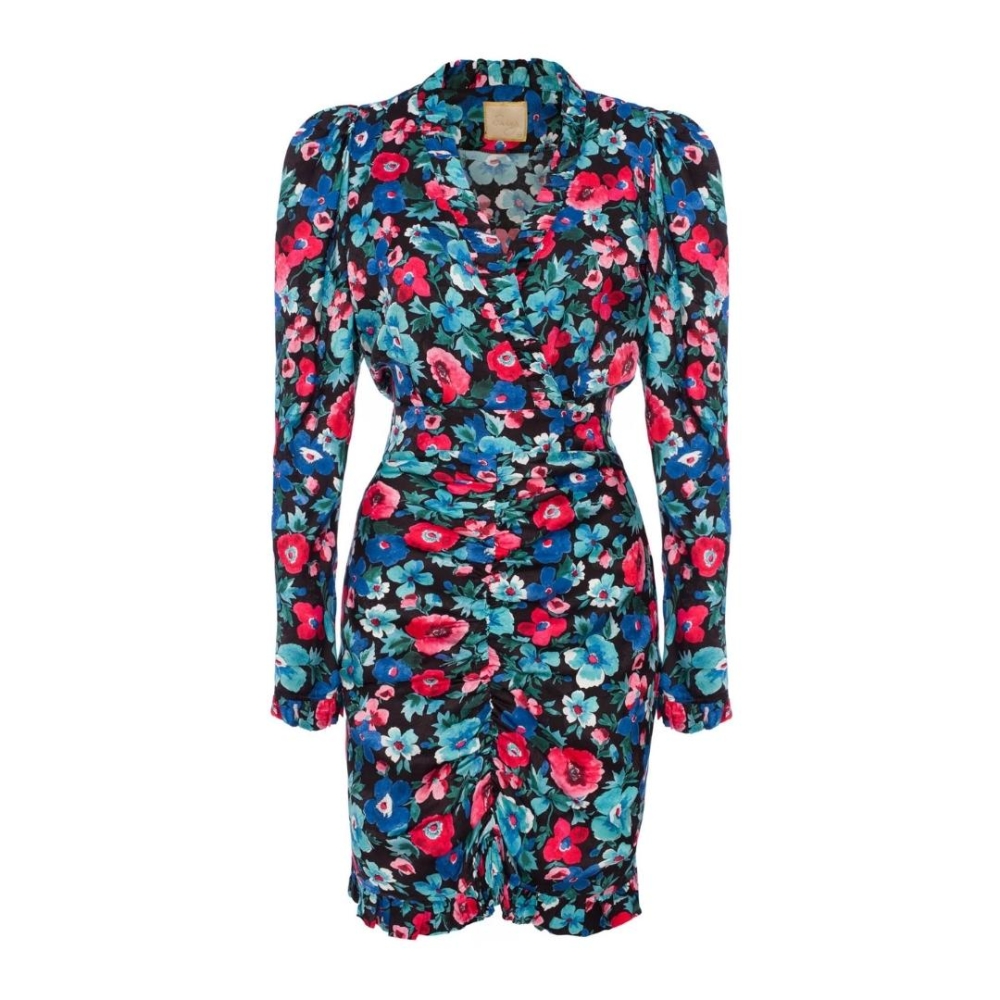 Urocza sukienka w kwiatki z falbankami i drapowanym dołem Clarissa by Swing