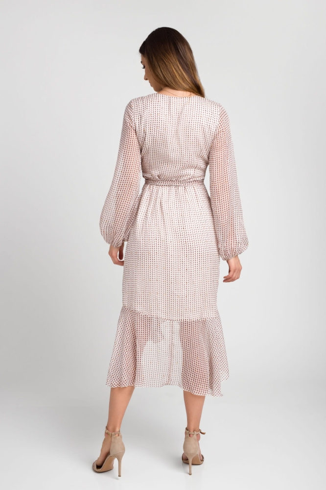 Beżowa zwiewna asymetryczna sukienka z ozdobną falbaną i złotymi drobinkami Frilla by Swing