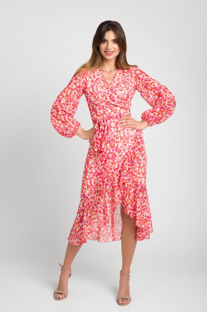 Zwiewna asymetryczna sukienka z ozdobną falbaną w drobne czerwone kwiatki i złotymi drobinkami Frilla by Swing