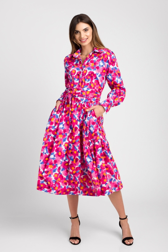 Kolorowa rozkloszowana sukienka midi z kołnierzykiem Monaco by SWING