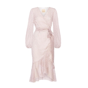 Beige ethereal asymmetrical dress with decorative frill and gold flecks Frilla by Swing