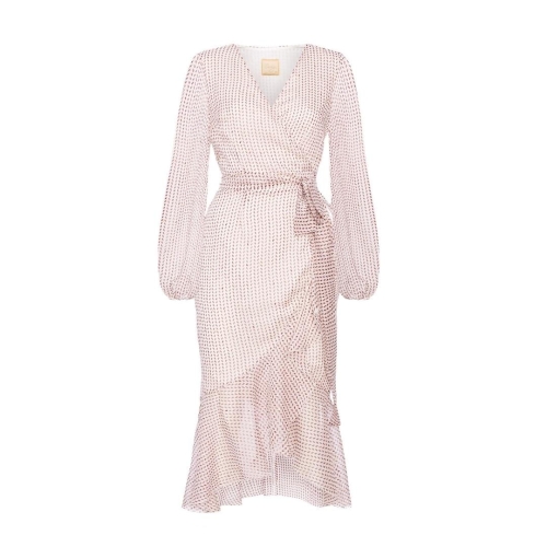 Beige ethereal asymmetrical dress with decorative frill and gold flecks Frilla by Swing