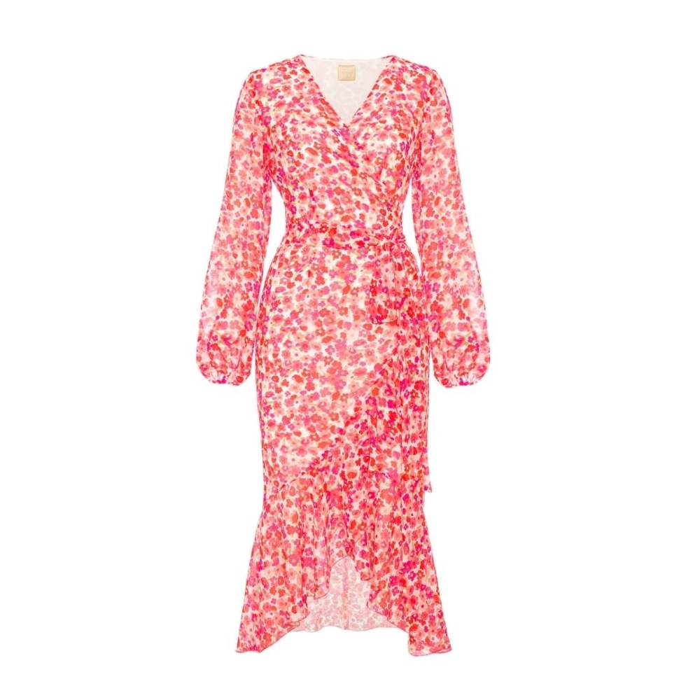 Zwiewna asymetryczna sukienka z ozdobną falbaną w drobne czerwone kwiatki i złotymi drobinkami Frilla by Swing