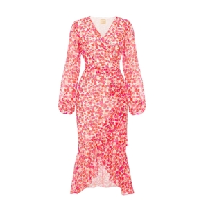 Airy asymmetrical dress with decorative ruffle in tiny red flowers and gold flecks Frilla by Swing