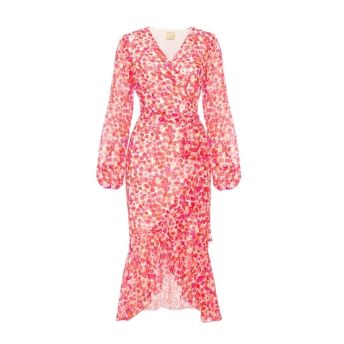 Airy asymmetrical dress with decorative ruffle in tiny red flowers and gold flecks Frilla by Swing