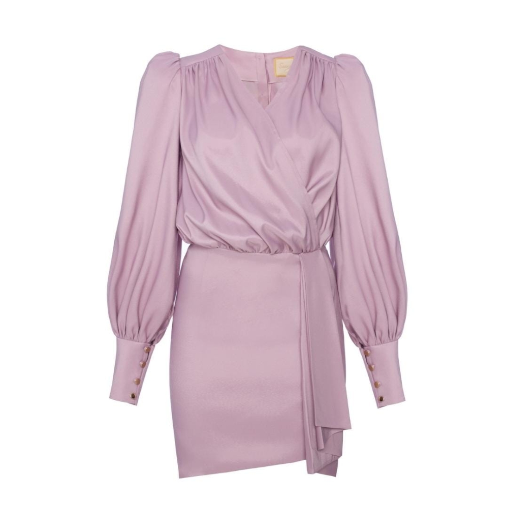 Liliowa elegancka sukienka Stefany z kopertowym dekoltem by Swing