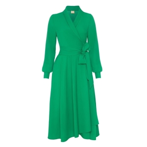 Green silky midi dress with envelope neckline VIOLA in bottle green