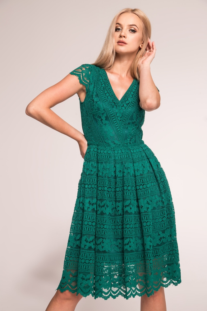 Zielona rozkloszowana koronkowa sukienka z dekoltem Anabel Swing