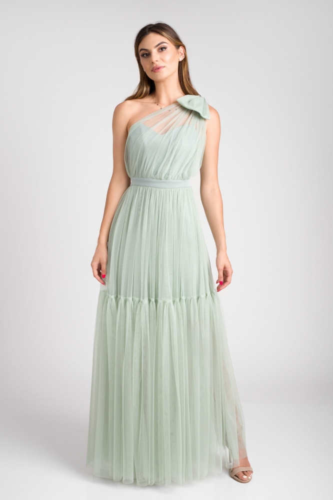 Zjawiskowa tiulowa długa maxi sukienka wieczorowa na jedno ramię w kolorze miętowym Ingrid by Swing