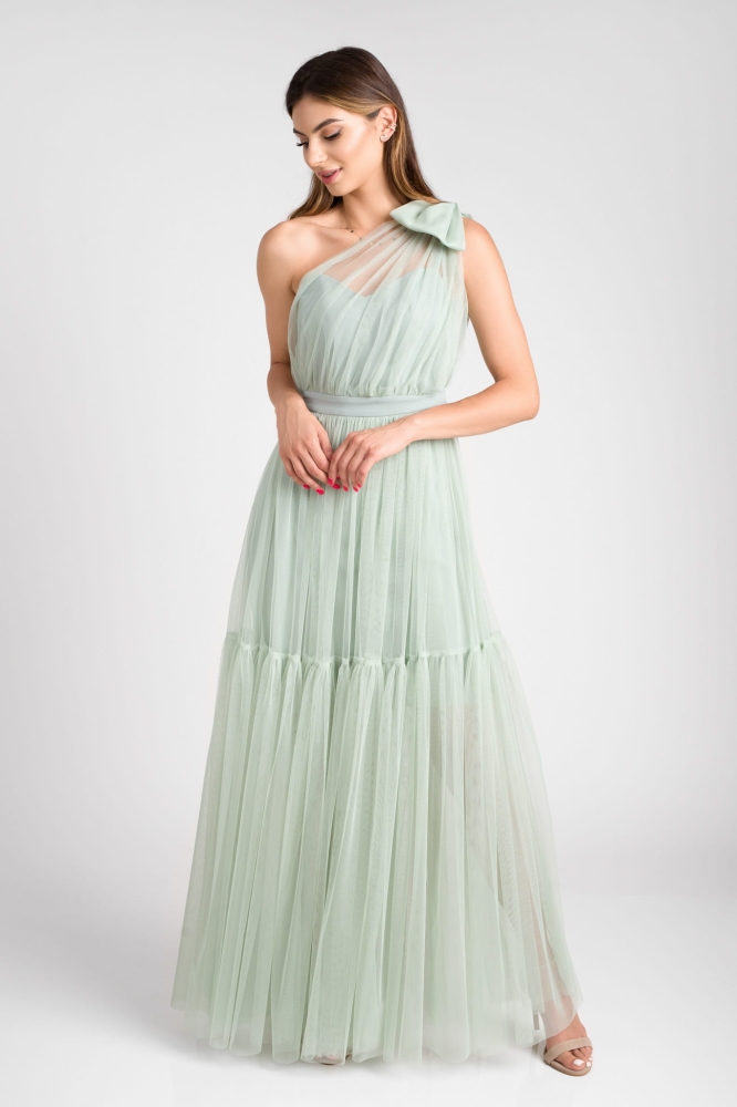 Zjawiskowa tiulowa długa maxi sukienka wieczorowa na jedno ramię w kolorze miętowym Ingrid by Swing