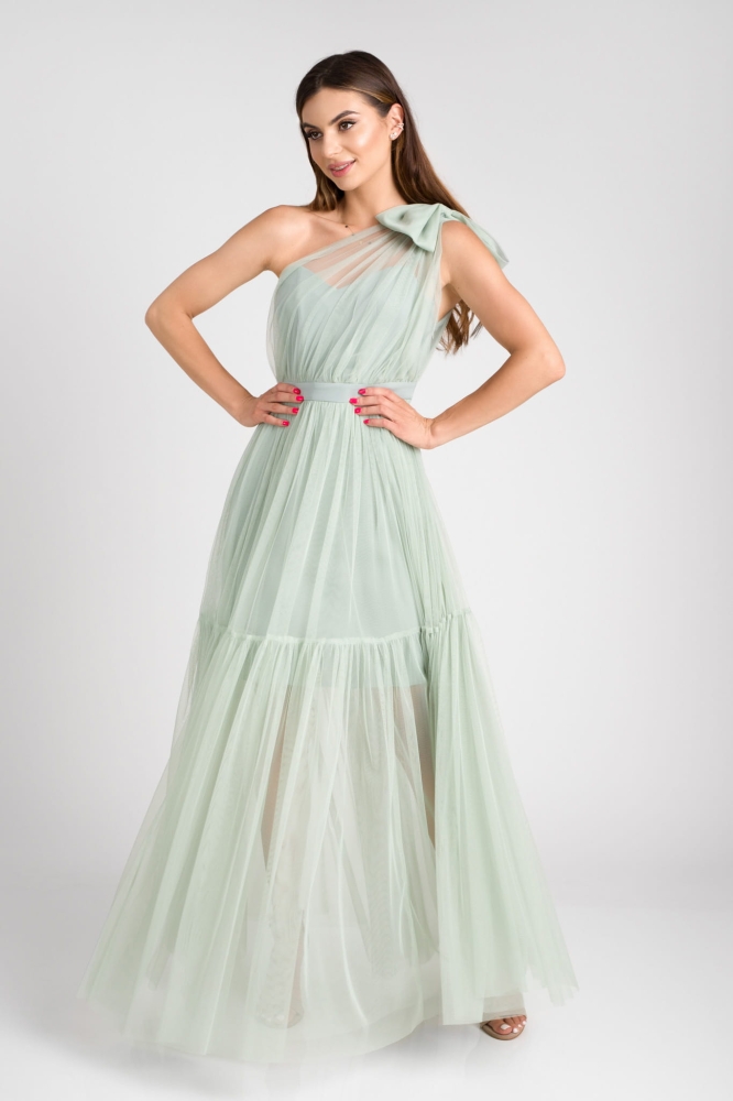 Zjawiskowa tiulowa długa maxi sukienka wieczorowa na jedno ramię w kolorze miętowym Ingrid by Swing
