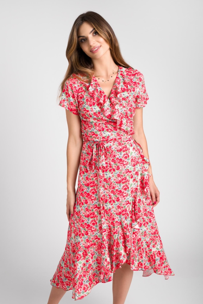 Wiskozowa kopertowa sukienka w czerwone kwiaty Como by Swing