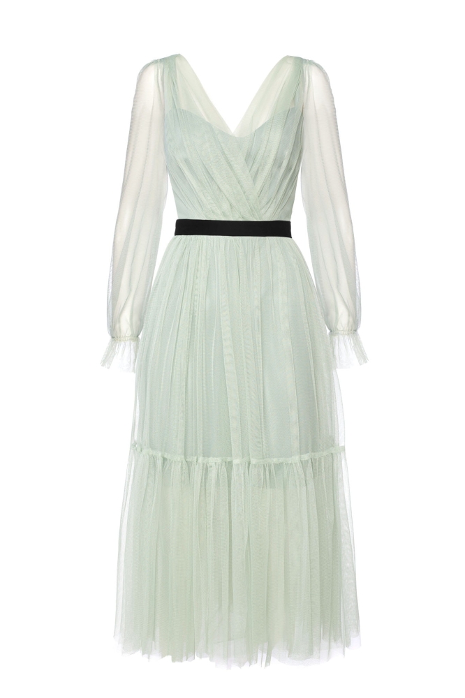 Tiulowa miętowa sukienka z ozdobnym paskiem Serena by Swing