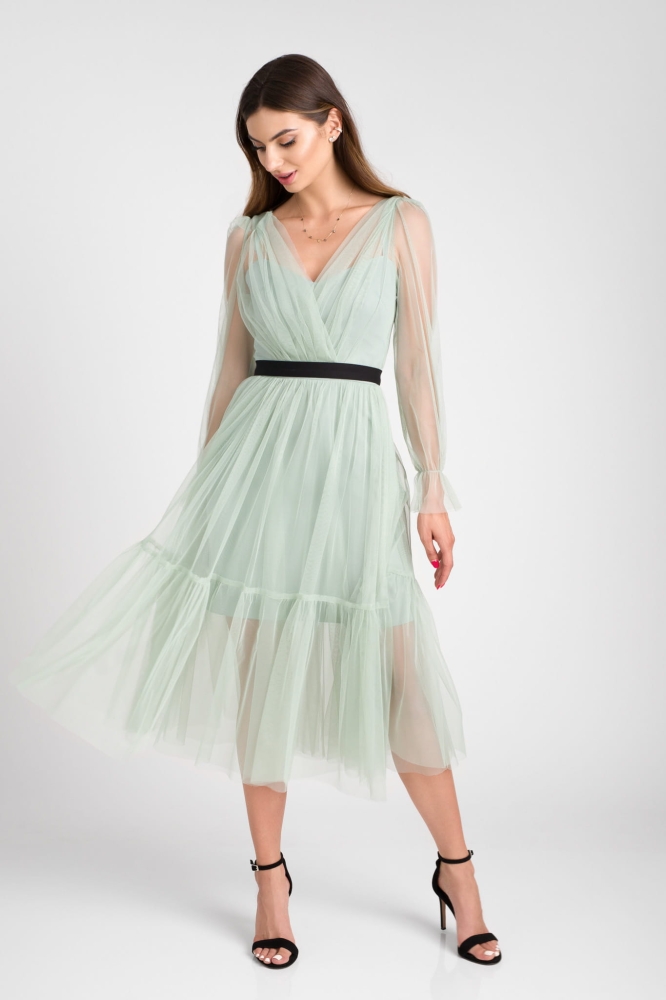 Tiulowa miętowa sukienka z ozdobnym paskiem Serena by Swing PISTACJA midi