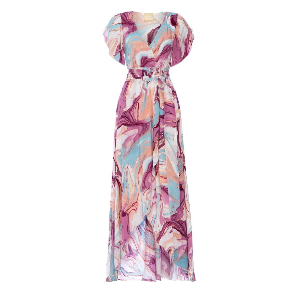 Długa sukienka z krótszym przodem w marmurowy wzór Irmina by Swin