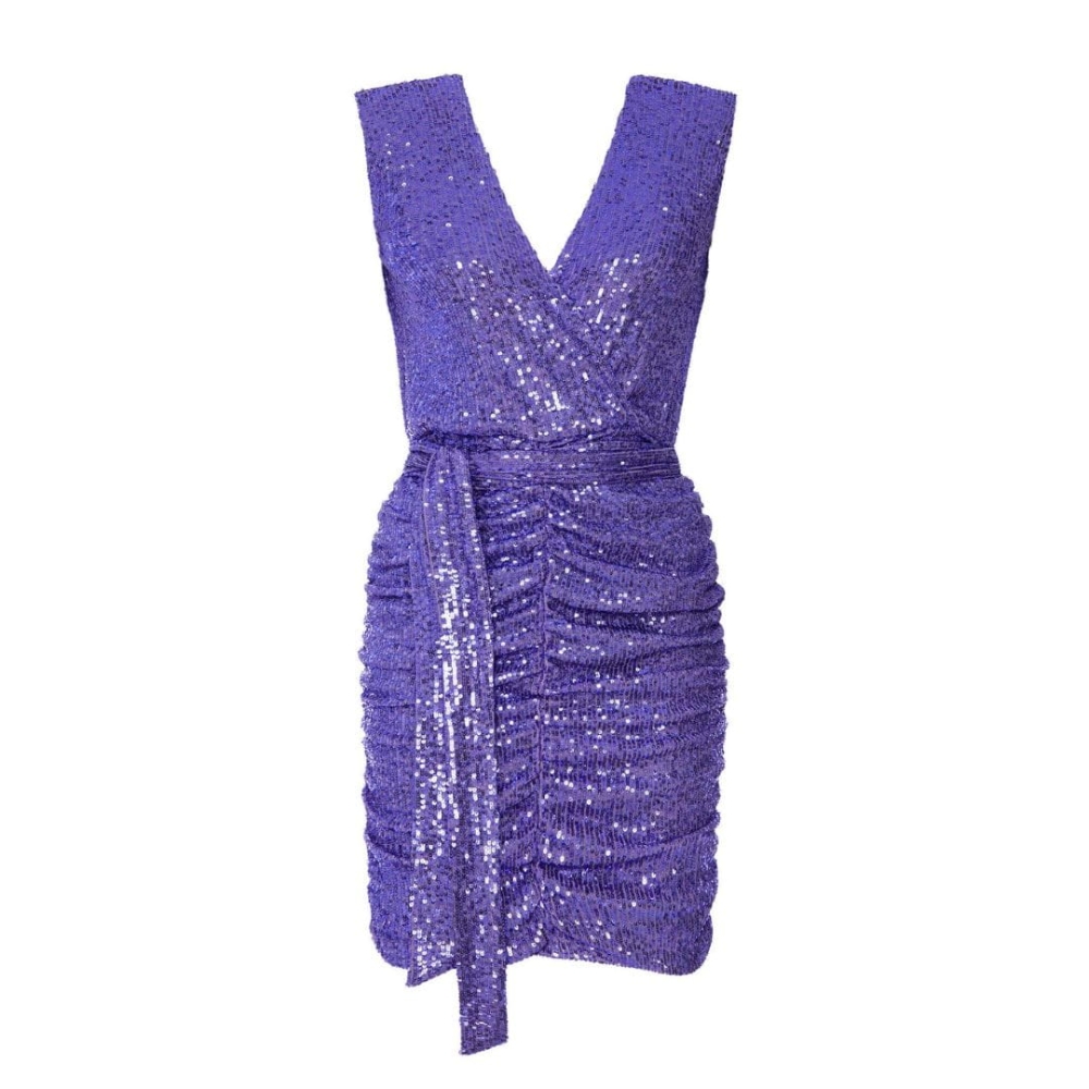 Fioletowa mini sukienka z cekinów z kopertowym dekoltem Sparkle by SWING