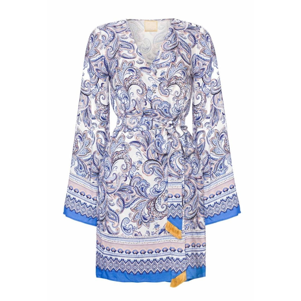 Kopertowa letnia sukienka w błękitne wzory z szerokimi rękawkami Larisa by Swing