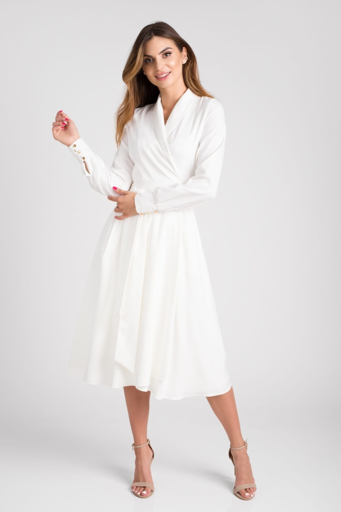 Biała śmietankowa  lekko rozkloszowana sukienka do połowy łydki midi z kopertowym dekoltem VIOLA idealna na komunię sukienka dla mamy