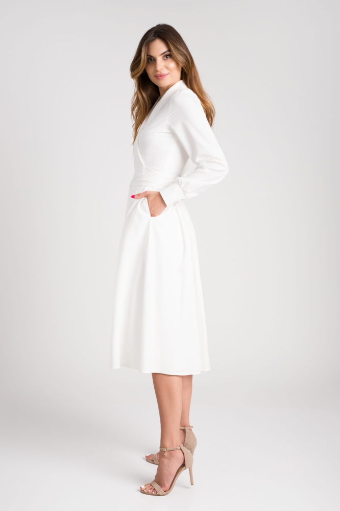 Biała lekko rozkloszowana sukienka midi z kopertowym dekoltem VIOLA