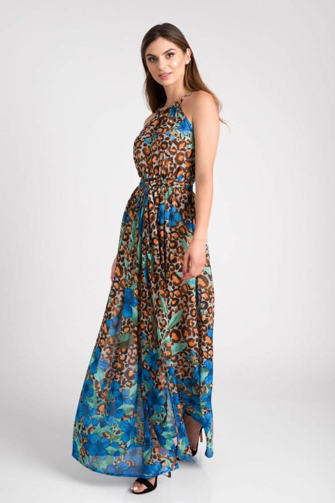 Długa zwiewna sukienka w zwierzęcy kolorowy print Paros by Swing