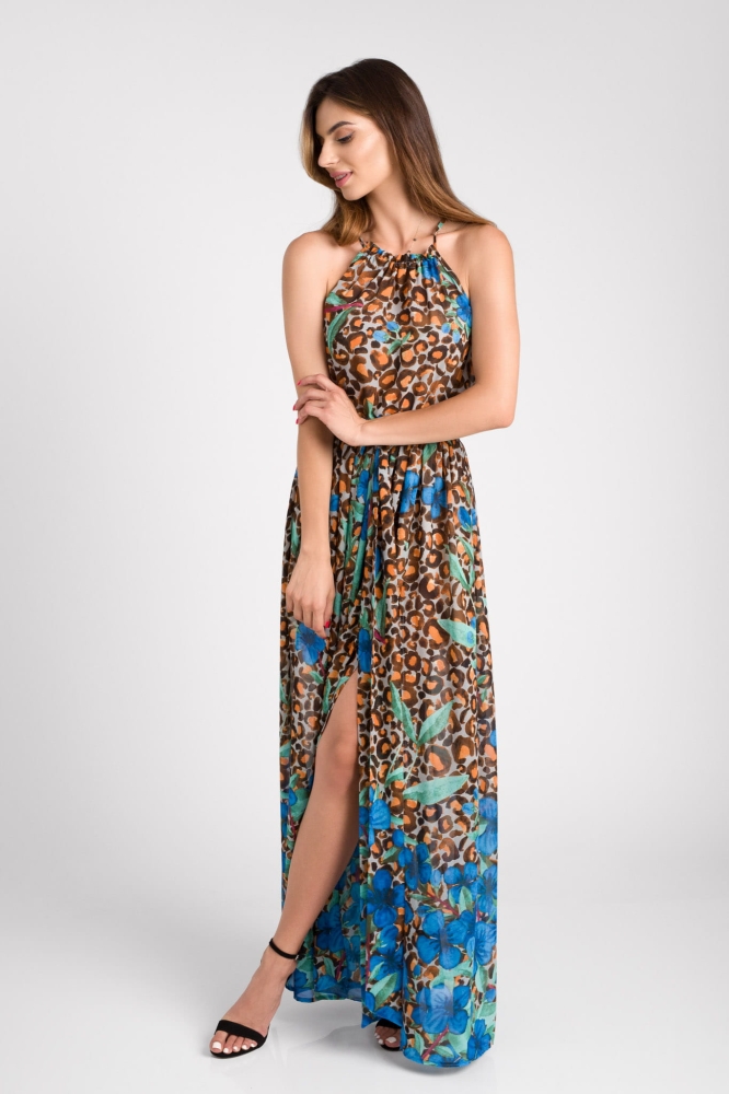 Długa zwiewna sukienka w zwierzęcy kolorowy print Paros by Swing