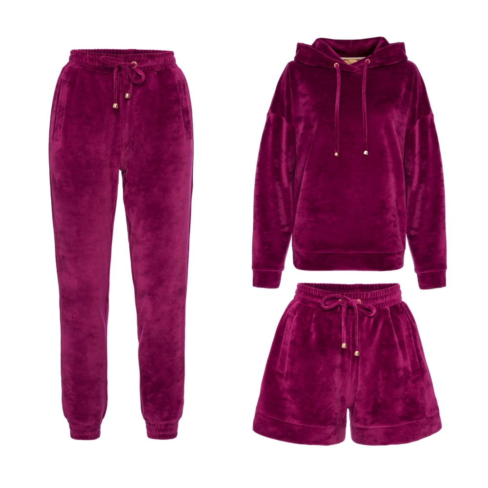 Śliwkowy  trzyczęściowy welurowy dres z kapturem Fallon by Swing  bordo