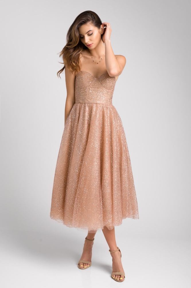 Złota połyskująca sukienka midi na gorsecie Glamour Rose Gold by Swing