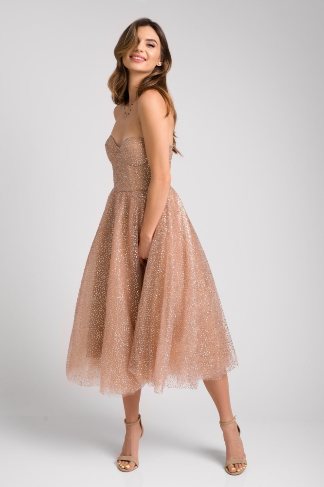Złota połyskująca sukienka midi na gorsecie Glamour Rose Gold by Swing