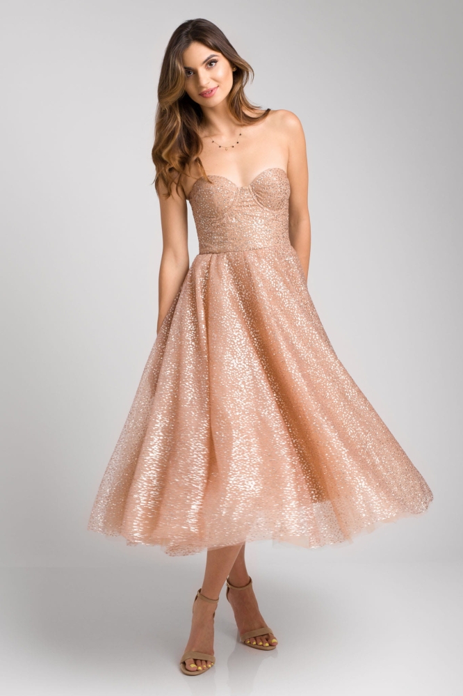 Złota połyskująca sukienka midi na gorsecie Glamour Rose Gold by Swing