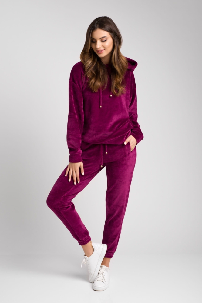 Śliwkowy trzyczęściowy welurowy dres z kapturem Fallon by Swing bordo