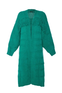 Zielony długi sweter kardigan z frędzlami Bonny
