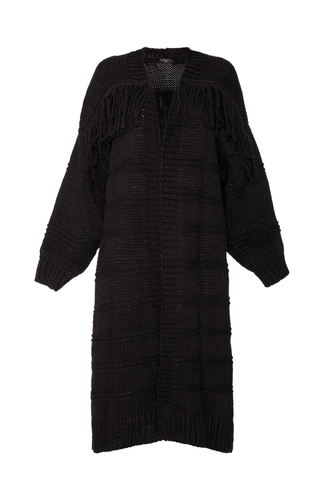 Czarny długi sweter kardigan z frędzlami Bonny