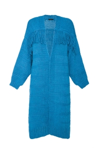 Niebieski długi sweter kardigan z frędzlami Bonny